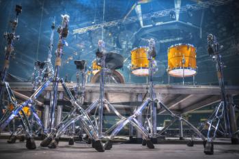 drums stand on the stage. Preparing for the concert