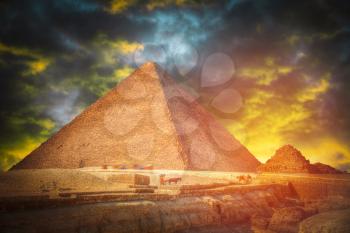 pyramids in Giza. Complex of ancient buildings in Egypt