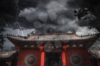 Heavy thunderstorm with lightning. Shaolin is a Buddhist monastery in central China.  