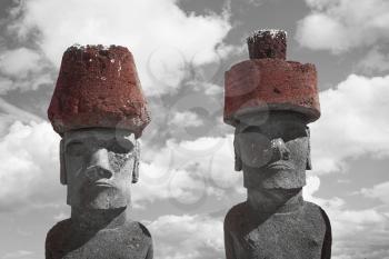 Moais at Ahu Tongariki (Easter island, Chile). black and red and white photo