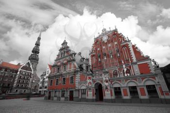 Riga Church of St. Peter and the streets of the ancient city. black and red and white photo