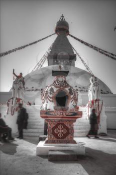 Evening view of Bodhnath stupa .  Kathmandu .  Nepal. black and red and white photo