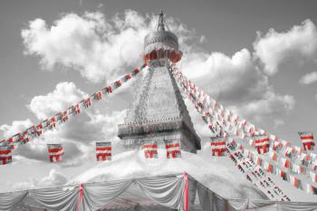 Evening view of Bodhnath stupa .  Kathmandu .  Nepal. black and red and white photo
