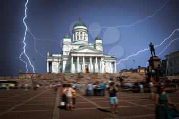 Assumption Cathedral in Helsinki. Finland. Powerful lightning strike.