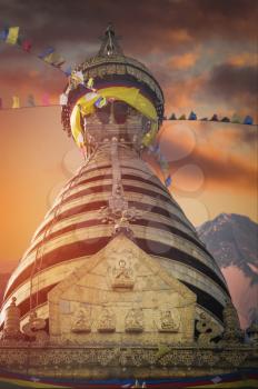 Swayambhunath - the Buddhist temple and the village center on the outskirts of Kathmandu in Nepal. Monkey Temple.