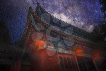 Shaolin is a Buddhist monastery in central China. Night landscape of the Starry sky.