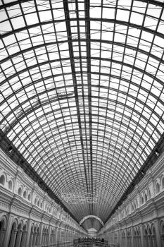 black and white photo of the ceiling and walls of GUM Moscow
