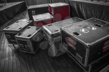 black and white photography. boxes for equipment. preparation for a concert