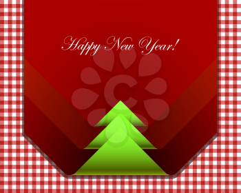 Red checkered picnic tablecloth with christmas tree