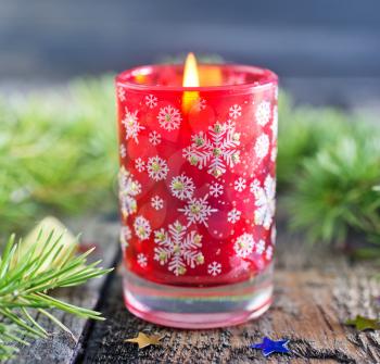 candle and christmas decoration on a table