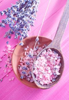 sea salt in the bowl and lavender flowers