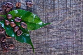 coffee beans and green leaves on a table