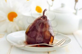Pear with chocolate, sweet food