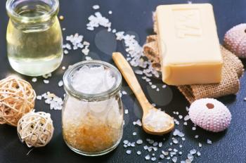 spa objects on a table,sea salt and soap