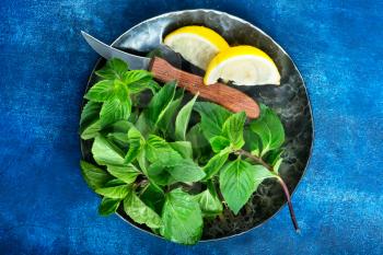 mint with lemon on plate and on a table