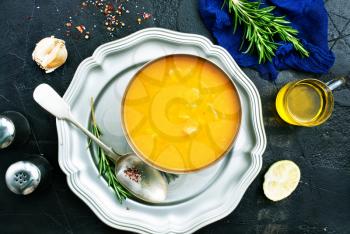 pumpkin soup in bowl, soup with aroma spice, diet food
