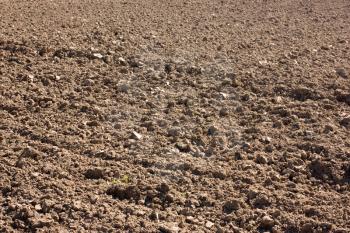 Plowed field textured surface with grooves under bright sunlight