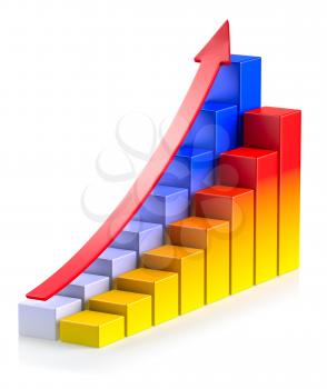 Abstract creative statistics, financial growth, business success and development concept: bright growing colorful bar chart in two rows with red up arrow on white background with reflection, 3d illust