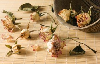 Dried rosebuds scattered from overturned wooden bowl and lie on the reed mat close-up view