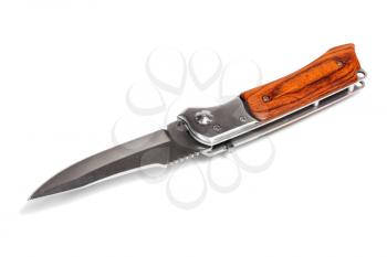 Iron pocket knife with wooden handle isolated on white