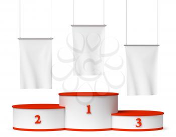 Sports winning and championship and competition success symbol - round sports pedestal, winners podium with empty red first, second and third places and blank white flags, 3d illustration, isolated