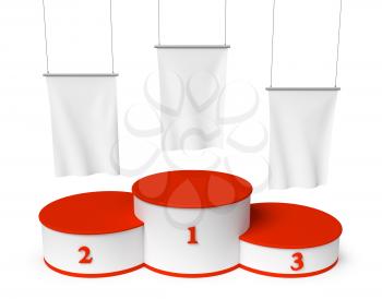 Sports winning and championship and competition success symbol - round sports pedestal, winners podium with empty red first, second and third places and blank white flags, 3d illustration, top view, i