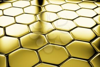 Golden hexagons flooring metal surface diagonal view shiny abstract industrial background