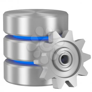Data processing concept icon: Database with blue elements and metal cogwheel isolated on white background