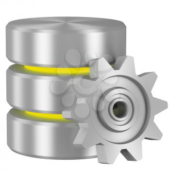 Data processing concept icon: Database with yellow elements and metal cogwheel isolated on white background