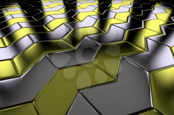 Steel with gold arrow blocks flooring diagonal perspective view shiny abstract industrial background