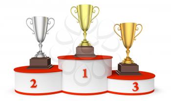 Sports winning and championship and competition success concept - golden, silver and bronze winners trophy cups on round sports pedestal, white winners podium with red stairs closeup, 3d illustration