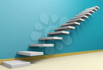 Business rise, forward achievement, progress way, success and hope creative concept: Ascending stairs of rising staircase in blue empty room with beige floor and plinth, 3d illustration