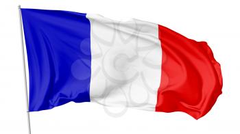 National flag of French Republic (France) with flagpole flying in the wind and waving, isolated on white background, 3d illustration