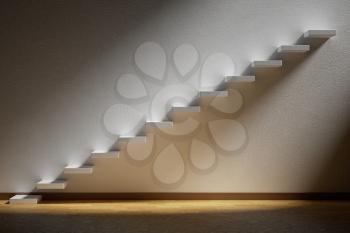 Business rise, forward achievement, progress way, success and hope creative concept: Ascending stairs of rising staircase in dark empty room with light with parquet floor and plinth, 3d illustration