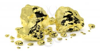 Small and big golden nuggets closeup isolated on white background. Gold ore in its origin as pieces of gold. 3D illustration