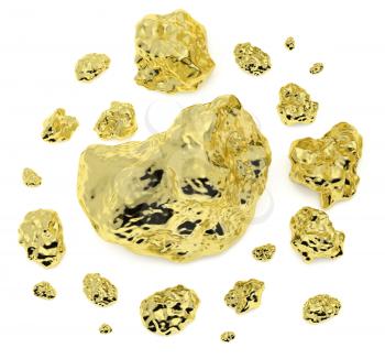 Big and small golden nuggets closeup isolated on white background. Gold ore in its origin as pieces of gold 3D illustration