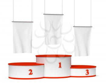 Sports winning and championship and competition success symbol - round sports pedestal, winners podium with empty red first, second and third places and blank white flags, 3d illustration, isolated, diagonal view