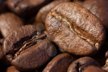 Brown roasted coffee beans close-up macro view natural food background, selective focue, shallow depth of field.