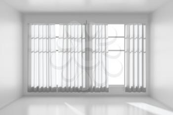 White empty room with white flat walls without textures, white parquet floor and window with white curtains front view, 3D illustration
