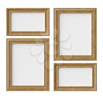 Wood blank frames for picture or photo isolated on white with shadows, decorative wooden picture frames template set, art frame mock-up 3D illustration