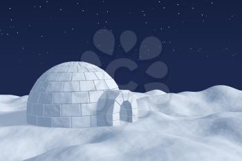 Winter north polar natural night snowy landscape: eskimo house igloo icehouse made with white snow at night on surface of polar white snow field under the cold night north sky with bright stars