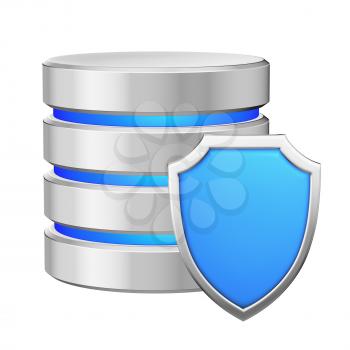 Data base with metal blue shield protected from unauthorized access, data protection concept, 3d illustration icon isolated on white background for Data Protection Day