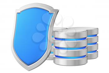 Databases group behind blue metal shield on left protected from unauthorized access, data privacy concept, 3d illustration icon isolated on white background for Data Protection Day