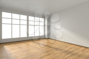 Empty room with hardwood parquet floor, window and walls with white textured wallpaper and sunlight from window, perspective view, 3d illustration