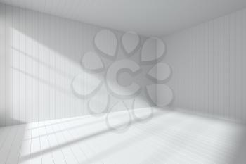 Corner of empty white room made with flat white planks on wall, floor and ceiling with light from window, abstract architectural 3d illustration white room interior background