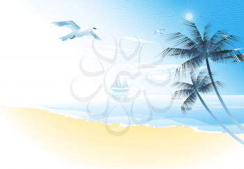 Summer beach with palm trees and seagull  vector illustration