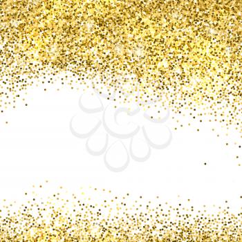 Gold sparkles on white background. Gold glitter background. 