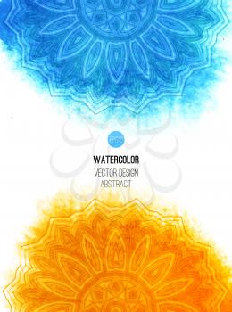Orange watercolor brush wash with pattern - round tribal elements. Vector ethnic design in boho style.