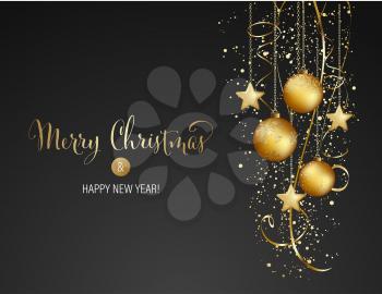 Vector elegant Christmas background with gold and black evening baubles