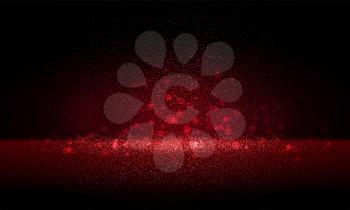 Luxury red gold glitter particles on black background. Red glowing lights magic effects. Glow sparkles, vector illustration. Glitz dust